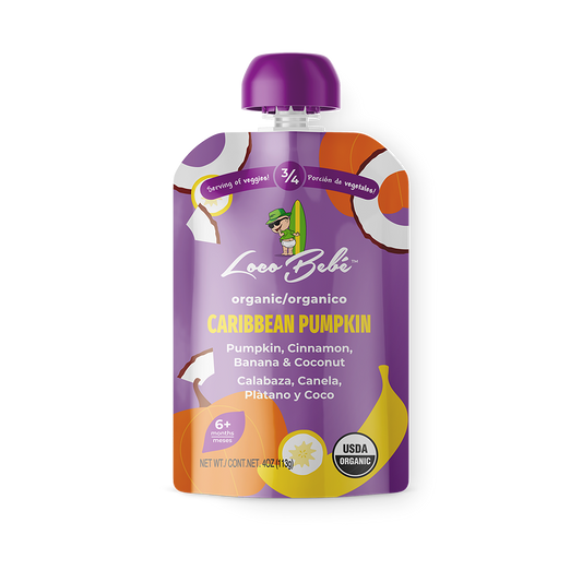 A baby pouch of Loco Bebé organic baby food purée labeled Caribbean Pumpkin, featuring illustrations of a pumpkin and a banana, with a purple cap and a green leaf design.