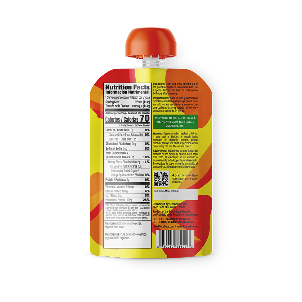 Organic Mucho Mango Baby Food Pouch Back of pouch Nutritional Facts Panel clean label single ingredient baby food