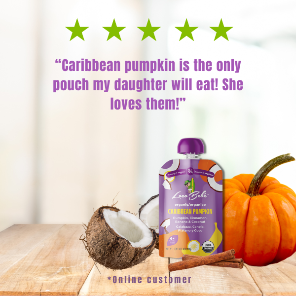 Caribbean Pumpkin Baby Food puree pouch with pumpkin and coconut on a wooden surface, featuring five-star rating text and quote from online customer Caribbean Pumpkin is the only pouch my daughter will eat! She loves them!