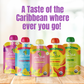 A Taste of the Caribbean where ever you go! With 5 Loco Bebe Flavors on a wooden table Sweet Potato Paradise baby food pouch Totally Tropical baby food pouch puree Banana Mango baby food pouch mucho mango baby food pouch hola pina baby food pouch