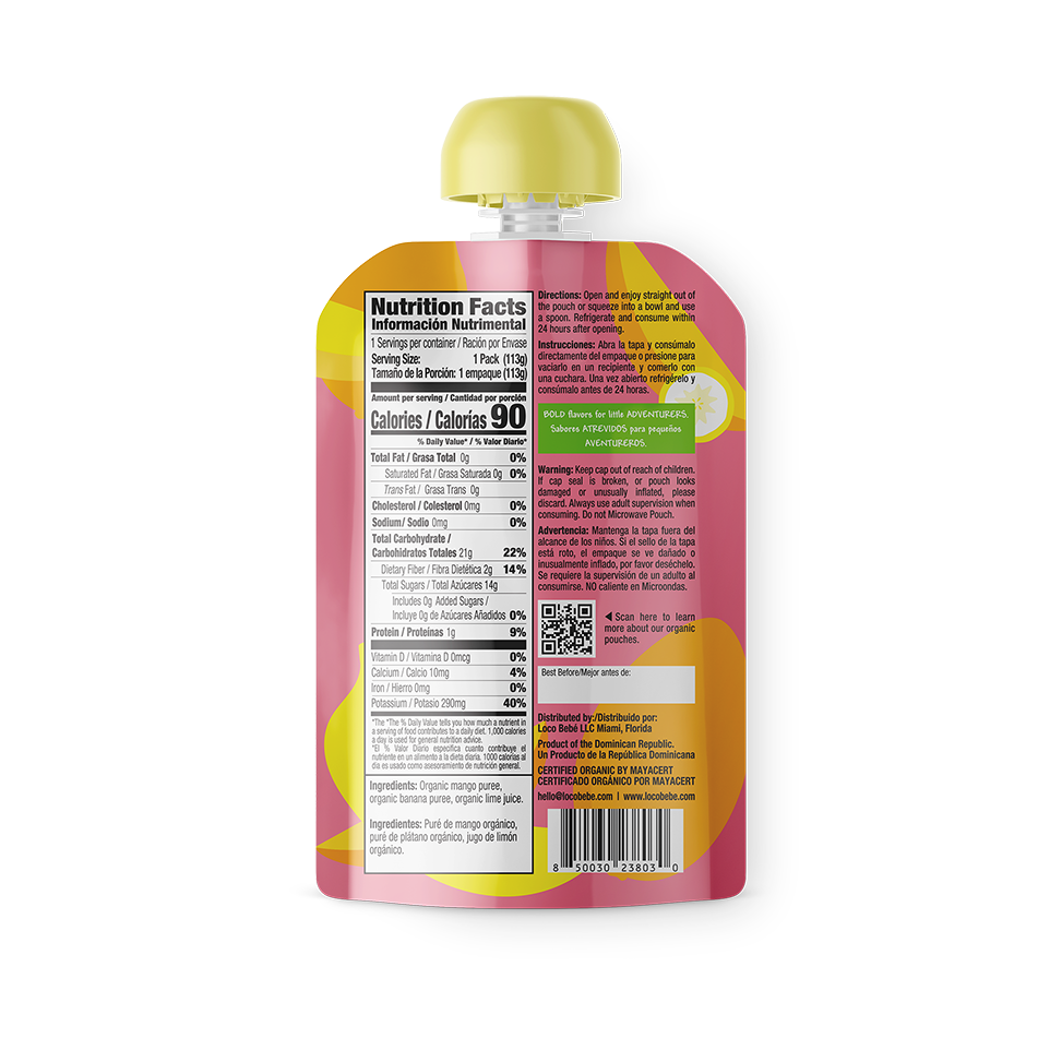 LocoBebe Organic Banana Mango Baby Food Back of Pouch 