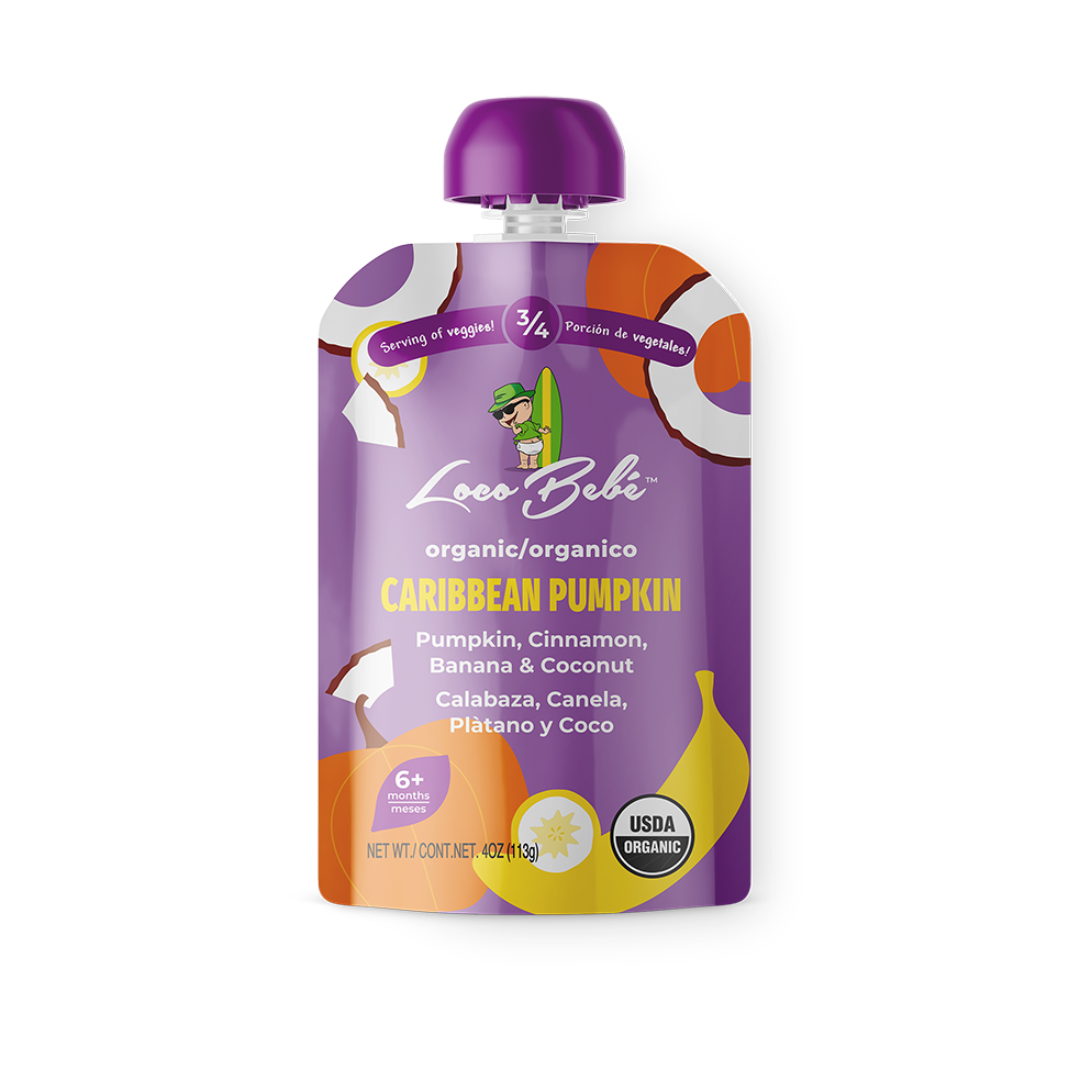 A baby pouch of Loco Bebé organic baby food purée labeled Caribbean Pumpkin, featuring illustrations of a pumpkin and a banana, with a purple cap and a green leaf design.