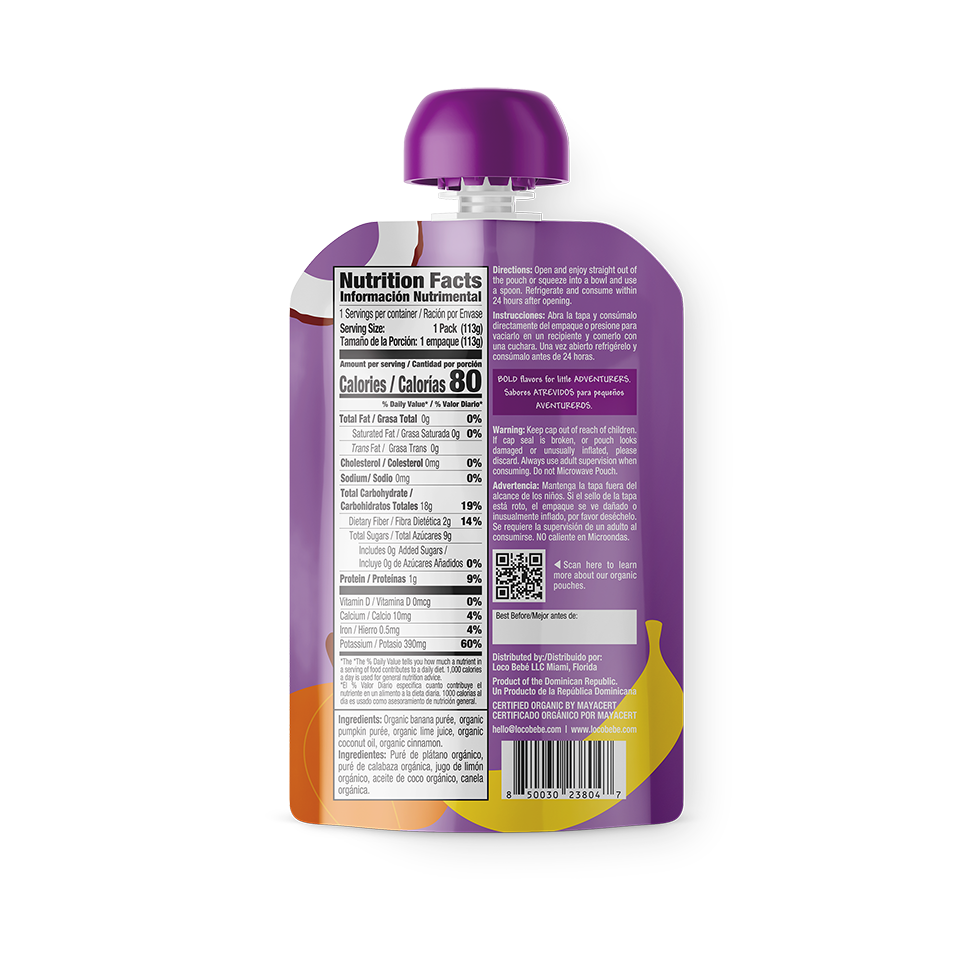 Back of pouch Nutrition Facts panel of Caribbean Pumpkin Puree Organic baby Food Pouch by Loco Bebe