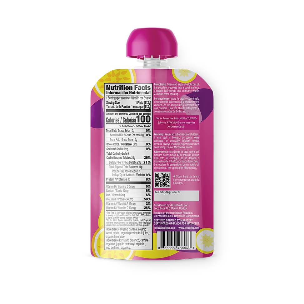 Organic Baby Food Pouch by Loco Bebe Nutrition Facts purple sweet potato banana and passion fruit