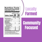 Nutrition facts label with 'Locally Farmed Community Focused' text on a purple background 80 Cal Total Fat 0% Cholesterol 0% Sodium 0% Dietary Fiber 14% Protein 8% Calcium 2% Iron 8% Potassium 15%