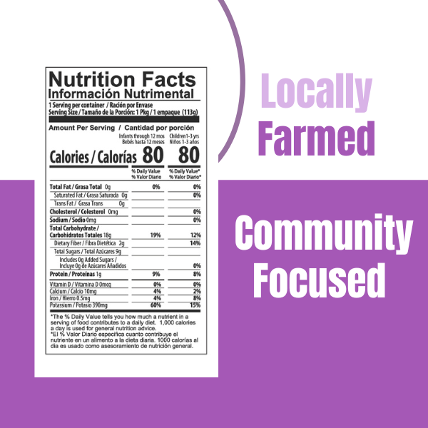 Nutrition facts label with 'Locally Farmed Community Focused' text on a purple background 80 Cal Total Fat 0% Cholesterol 0% Sodium 0% Dietary Fiber 14% Protein 8% Calcium 2% Iron 8% Potassium 15%