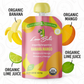 Organic Banana Mango Puree pouch with ingredients graphics. Organic Banana Organic Mango organic lime juice organic lime juice