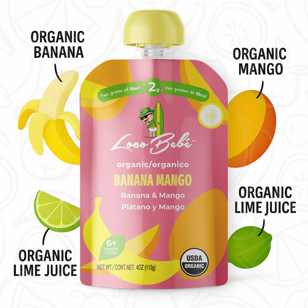 Organic Banana Mango Puree pouch with ingredients graphics. Organic Banana Organic Mango organic lime juice organic lime juice