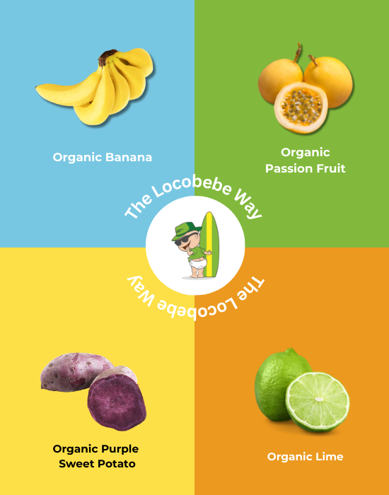 Clean Label Organic Ingredient infographic with organic banana organic passion fruit organic purple sweet potato and organic lime The Loco Bebe Way