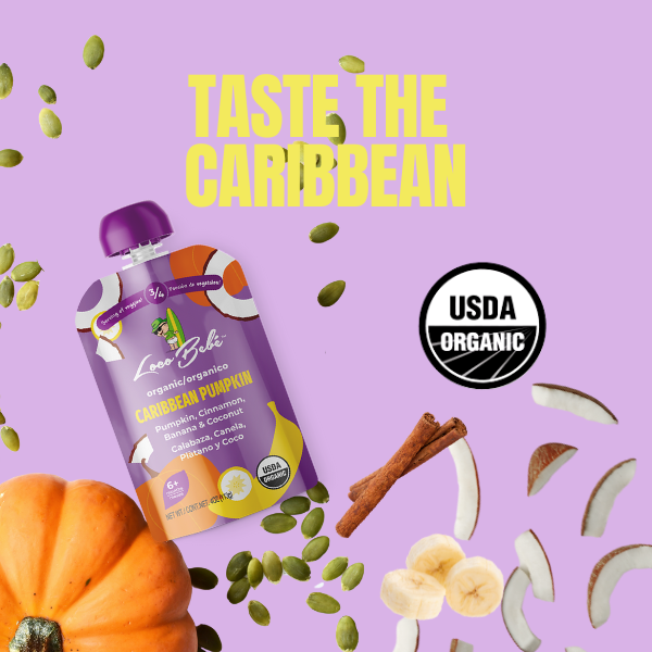 Love Baby organic baby food pouch with Caribbean Pumpkin flavor on a purple background with USDA Organic logo.