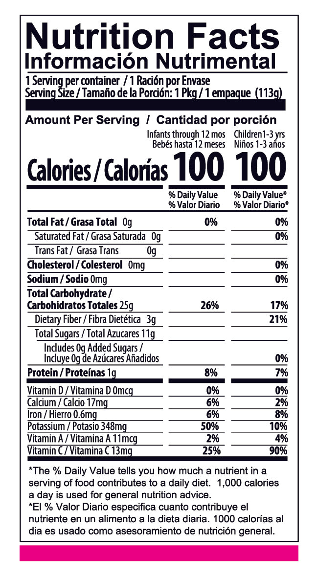 Sweet Potato Paradise Nutrition Facts Panel Calories 100 Total Fat 0% Cholesterol 0% Sodium 0% Dietary Fiber 21% Protein 7% Calcium 2% Iron 8% Potassium 10% Vitamin A 4% Vitamin C 90%